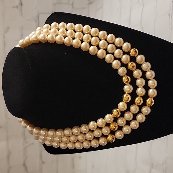Napier Vintage Three Strand Faux Pearl and Gold Bead Necklace - Picture 1 of 4
